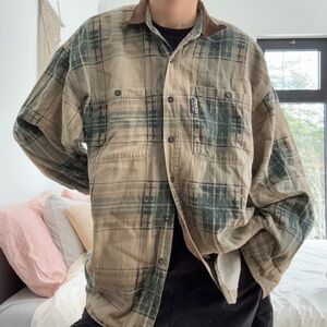 POINT ZERO WORKWEAR VINTAGE PLAID BUTTON DOWN TAN AND TEAL - M